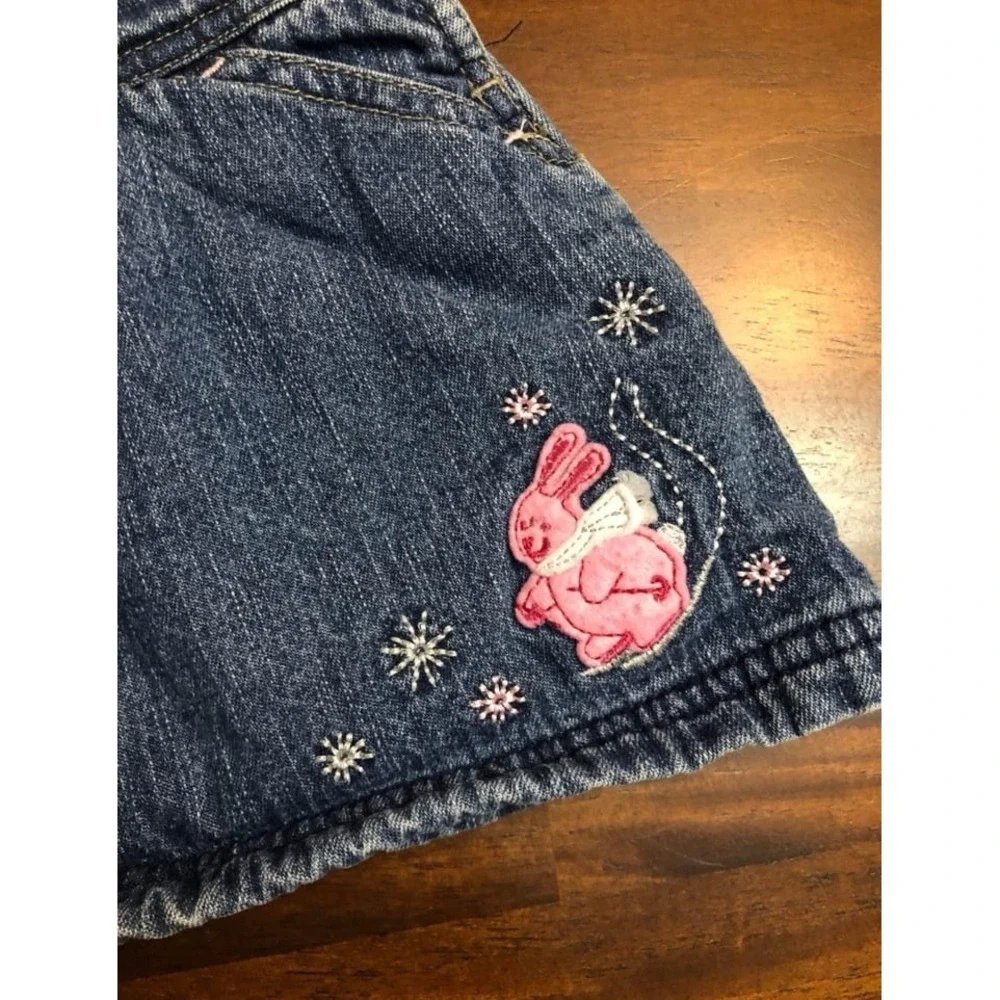 OshKosh B'Gosh baby girl denim fleece lined overall jumper dress bunny 12 months